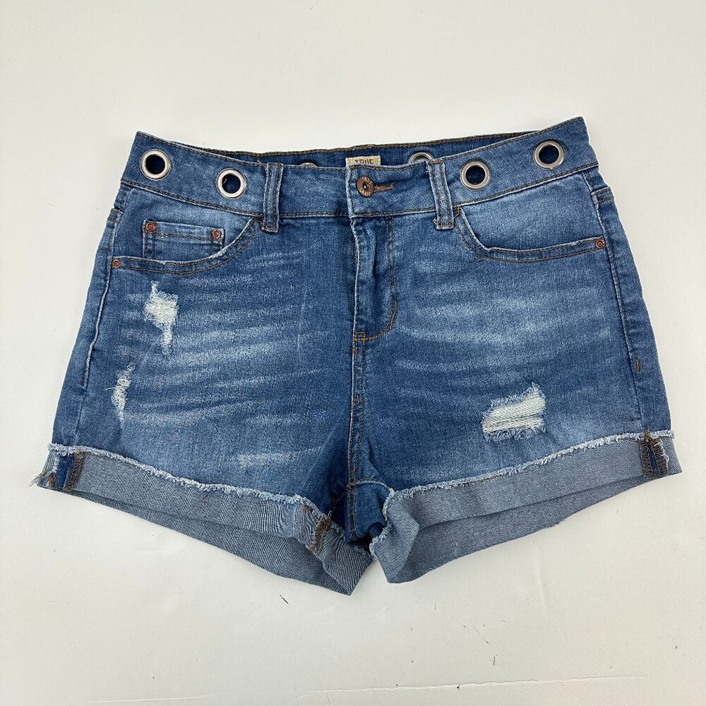 True Craft Cuffed Distressed Women's size 9 Dark Blue Denim jean Shorts‎